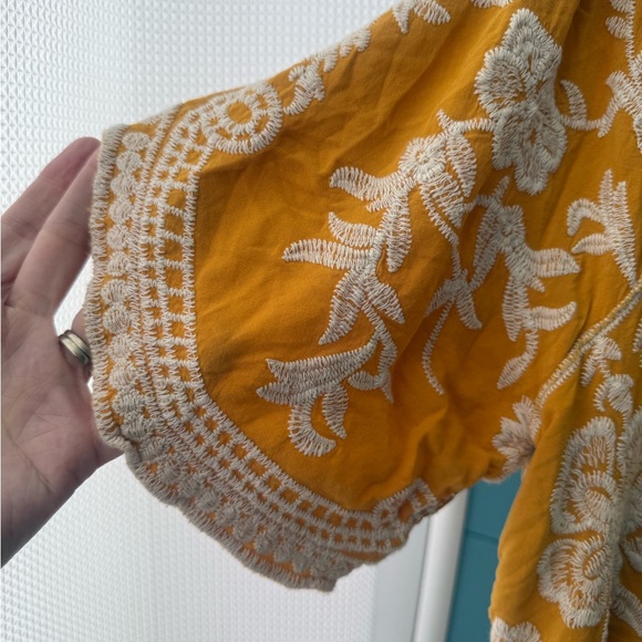 Kindred Mustard Embroidered Boho Kimono | Cream Floral Stitch | Size 1X - Picture 2 of 8